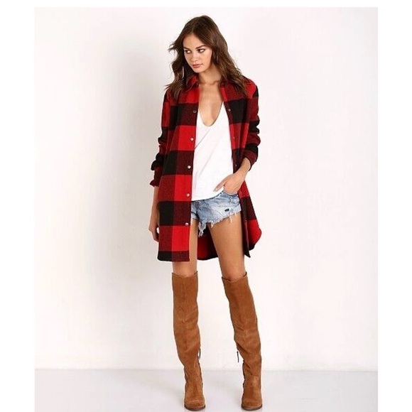 BB Dakota Steve Madden Buffalo Plaid Wool Blend Red/Black Tunic Shaket - Picture 2 of 8
